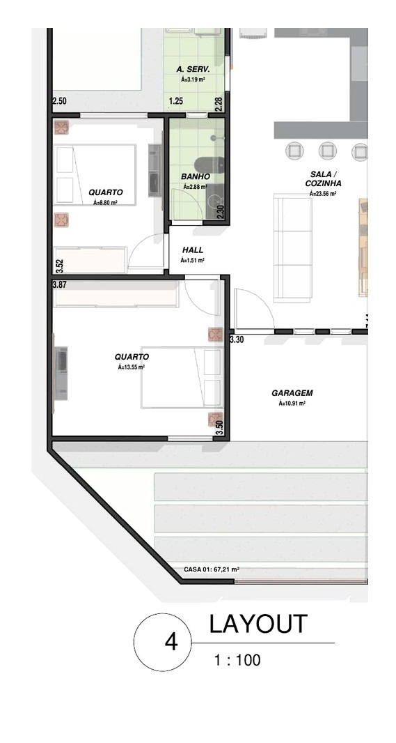 Planta da casa: sala e cozinha integradas, dois quartos, banheiro social, hall e garagem